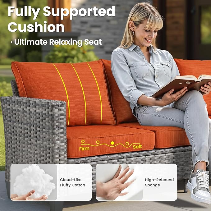 ovios 7 Pieces Patio Furniture Set, Outdoor Wicker Rattan Sofa Couch with Swivel Glider Chairs Loveseat Comfy Cushions Modern Conversation Set for Backyard Porch, Orange Red