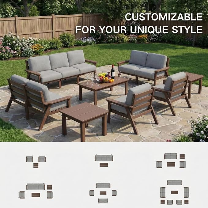 Kingdura HDPE Patio Furniture Set, 3 Piece Outdoor Sectional Sofa with Coffee Table, All Weather Outdoor Couch Conversation Set with Washable Cushions for Backyard Poolside Balcony