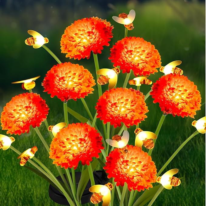 Solar Garden Lights Outdoor, 4 Pack Solar Flowers Lights with Bee, Waterproof Solar Lights Outdoor for Garden Yard, Patio, Pathway, Wedding, Festival Decor, Gift for Women, Mom Grandma