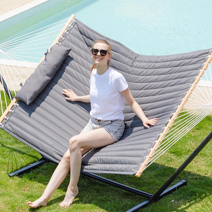GAFETE 2 Person Hammock with Stand for Outside, Heavy Duty Steel Stand, 55inch Double Hammocks, Large Removable Pillow, Storage Bags, Max 475 lbs Capacity (Dark Grey)