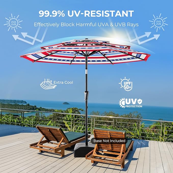 HOMSHADE 9FT 3-Tiers Outdoor Patio Umbrella with 5-Year Fade Resistant,Vented Outdoor Commercial Market Umbrella with UPF50+ UV Protection & Push Button Tilt and Crank for Pool,Backyard(NO Base)