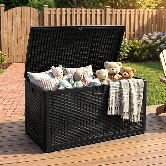73 Gallon Resin Deck Storage Box, Lockable Outdoor Storage Container for Patio, Garden Tools, Pool Toys & Furniture Cushions, All-Weather HDPE Storage Chest with Handles and Woven Strap Design, Black