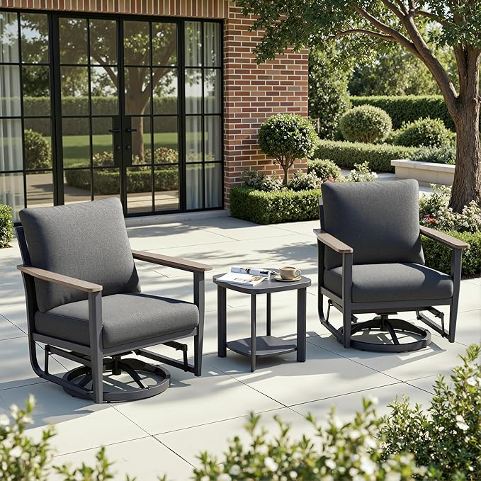 3-Piece Aluminum Patio Rocking Swivel Chair Outdoor Bistro Set, Patio Conversation Set Outdoor Patio Furniture Set with High Backrest & Thickened Cushions for Garden, Deck and Balcony, Dark Grey