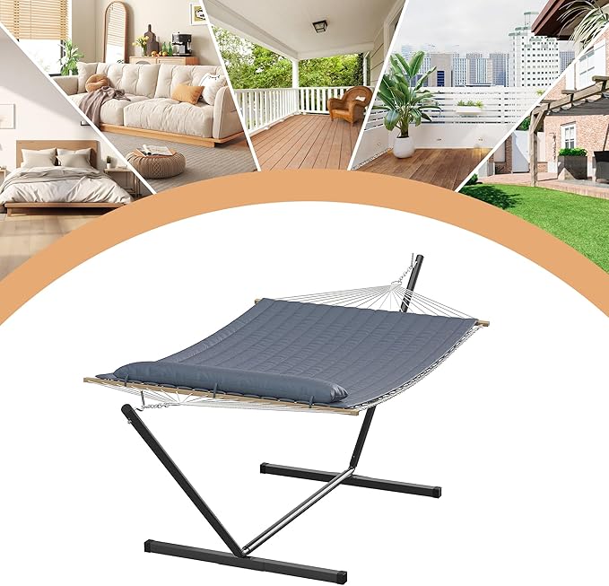 Double Outdoor Hammock with Stand,2 Person Portable Hammock, Heavy Duty Hammock with Soft Pillow,Curved Spreader Bar,Balance Ropes for Outdoor Patio Backyard Poolside,Grey