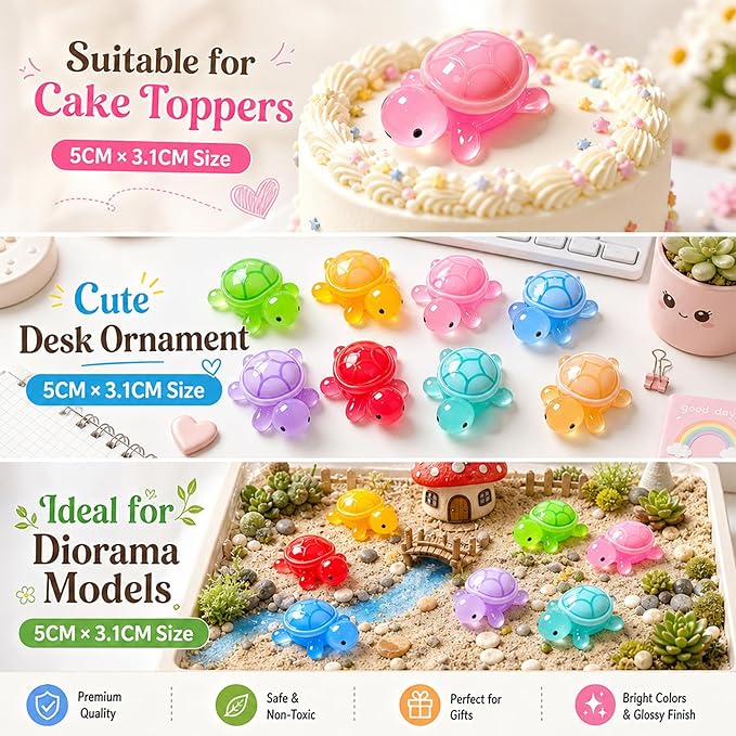30 Pcs Medium Glow in The Dark 3D Resin Turtles Miniature | Garden Figurines, Accessories for decorating DIY Dollhouse Fish Tank Fridge Wall Art, Safe, Durable, Non Fading, 10 Colors