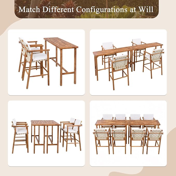 3 Piece Outdoor Bar Set for 2, Acacia Wood Bar Height Table & 2 Stools with Removable Cushions, Wood Dining Bar Set with Adjustable Feet, Patio Balcony Bistro Furniture, Beige+Natural