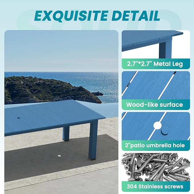 LOUNZY 75.2" HDPE Rectangle Outdoor Dining Table for 8, Oversized Patio Dining Table w/ 2" Umbrella Hole,Navy