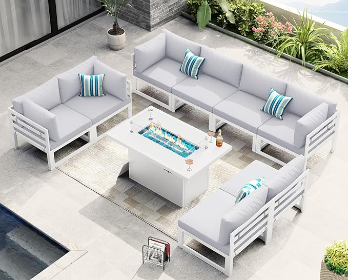 NICESOUL 9 Piece Luxury Aluminum Outdoor Sectional Sofa with Fire Pit Table, Oversized L Shaped Patio Furniture Set, 29" Deep Wide Seating, 500 lbs Heavy Duty Conversation Set for Backyard, Light Grey