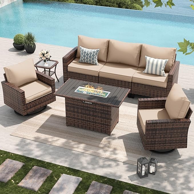 Amopatio Patio Furniture Set, 5-Piece Wicker Outdoor Sectional Sofa with Swivel Rocker Chairs, All-Weather Rattan Conversation Set with Fire Pit Table and Waterproof Cover for Backyard Brown/Khak