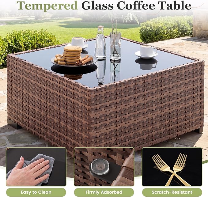 Amopatio 8 Pieces Patio Furniture Set with Fire Pit Table, Outdoor Sectional Conversation Sofa, All-Weather Wicker for Garden, Backyard, Porch, Balcony(Dark Grey)