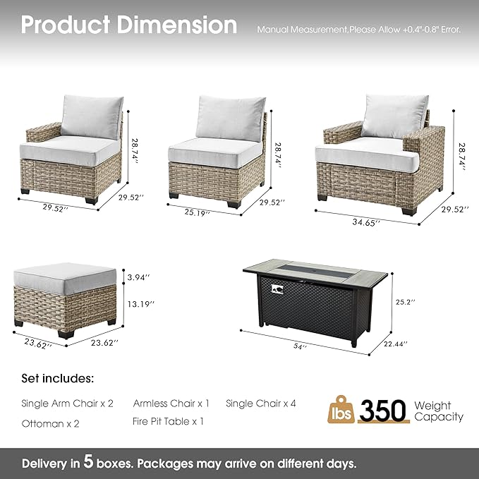 Rattan Patio Furniture Set with Fire Pit,10 Pieces Outdoor Sectional with Single Chair Ottoman,Out Door Furniture Conversation Set,Light Grey