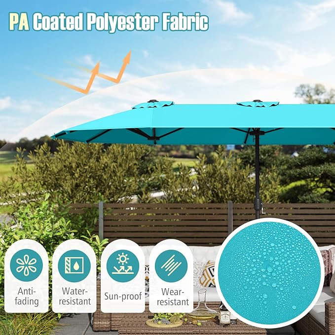 Tangkula 13FT Double-sided Patio Umbrella, Extra Large Twin Table Umbrella with Crank Handle, Umbrella Base, Safety Lock, Air Vent, Outdoor Market Umbrella for Garden Pool Backyard (Turquoise)