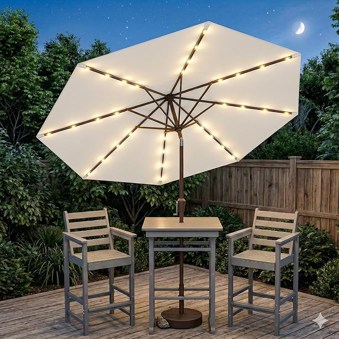10FT Solar Lighted Patio Umbrella, Outdoor Table Market Umbrellas with Push Button Tilt and Crank, 32 LED Lights, 8 Sturdy Ribs, UV-Resistant for Deck, Garden, Pool