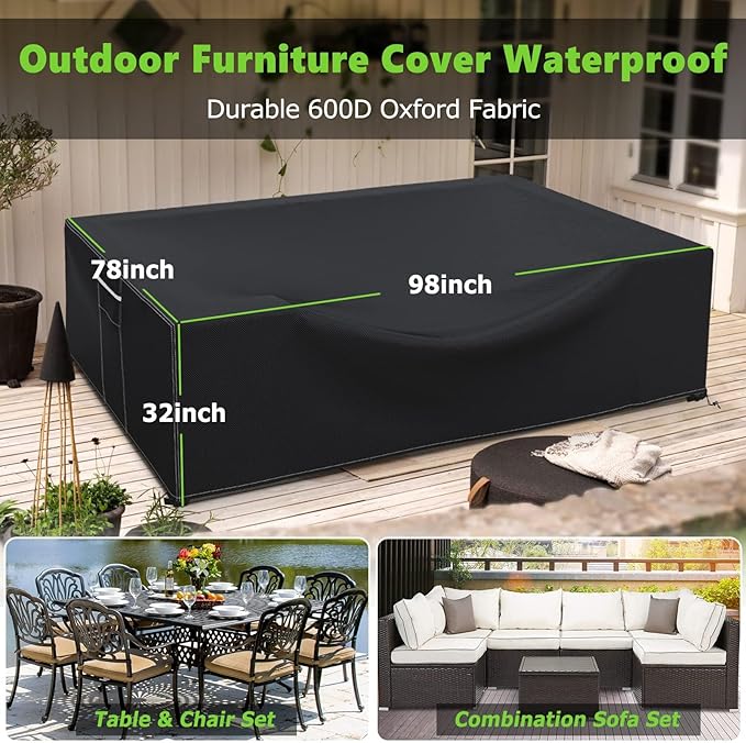 Patio Furniture Covers Waterproof, Heavy Duty 600D Outdoor Furniture Covers for Outside Sectional Sofa Set,Tear Resistance and Anti-UV, Black,98"L x 78"W x 32"H