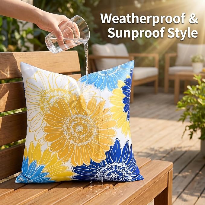 Outdoor Waterproof Pillow Covers Summer Floral Throw Pillow Covers 20x20 Decorative Square Yellow Blue Sunflower Garden Cushion Throw Pillowcase Set of 2 for Patio Furniture Garden Tent Balcony Bench