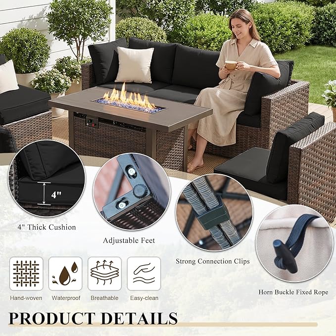 9 Pieces Patio Furniture Set with 44" Fire Pit Table, Rattan Outdoor Sectional Conversation Sets, All Weather Outdoor Furniture Set with Cushions for Garden Lawn Balcony Porch Deck Black