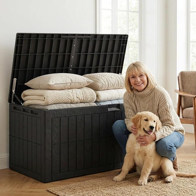 MAVIS LAVEN Outdoor Storage Box, Large Deck Box with Lockable Lid and Double Wall Construction, for Patio Furniture Garden Tools Pool Accessories