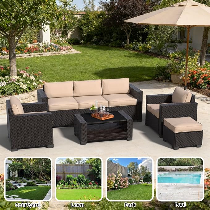 7 Piece Patio Furniture Set, Slanted Back Outdoor Sectional Sofa, Patio Conversation Sets with Cushion and Glass Table, Patio Sofa Furniture for Garden, Deck, Dark Brown Rattan & Khaki Cushions