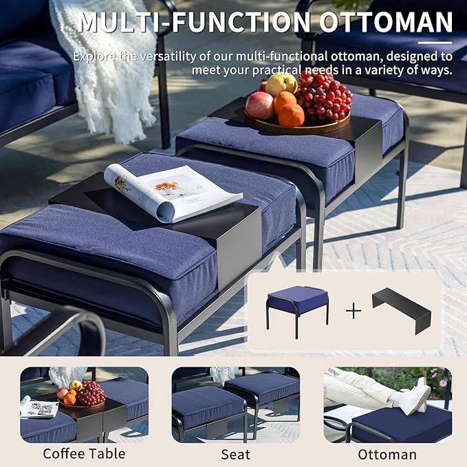 5 Piece Patio Furniture Set, Metal Patio Conversation Set with 1x3 Seater Sofa & 2xSwivel Chairs & 2xOttomans, Outdoor Furniture with 5.75'' Thick Cushion for Lawn Garden Backyard, Navy Blue