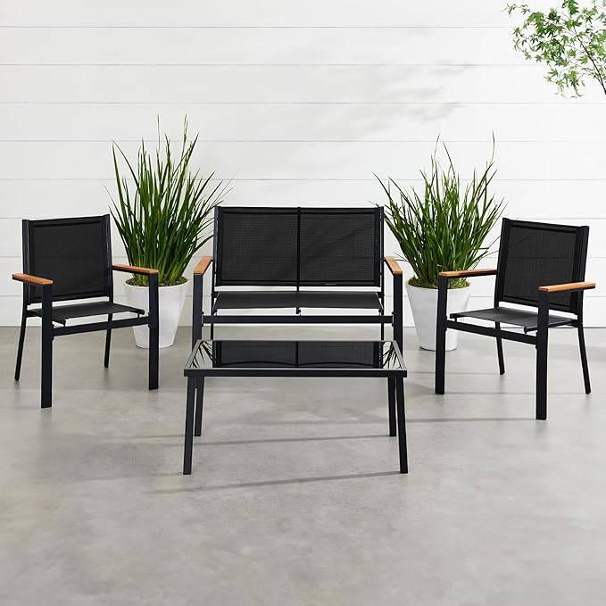 Best Choice Products 4-Piece Outdoor Textilene Patio Conversation Set, Backyard Furniture w/Loveseat, Coffee Table, Steel Frame - Black/Black