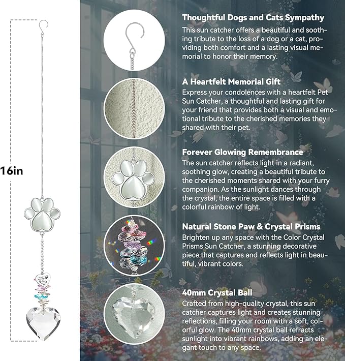 Dog Memorial Gifts, Pet Memorial Suncatcher, Loss of Dog Sympathy Gift | Thoughtful Dogs and Cats Bereavement Remembrance Gifts, Natural Cat's Eye Stone Paw Crystal Suncatcher