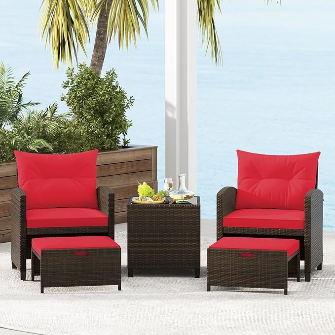 Tangkula 5 Pieces Patio Conversation Set, PE Wicker Rattan Outdoor Furniture Set with 2 Chairs, 2 Ottomans & Tempered Glass Coffee Table, Ideal for Poolside, Backyard, Lawn, Deck, Mix Brown & Red