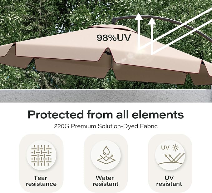 LAUSAINT HOME 11ft Patio Cantilever Umbrella with Base Included, Outdoor Curvy Round Offset Umbrella, Heavy Duty Aluminum, 360° Rotation for Pool, Deck, Lawn, Backyard, Beige Lotus Wave