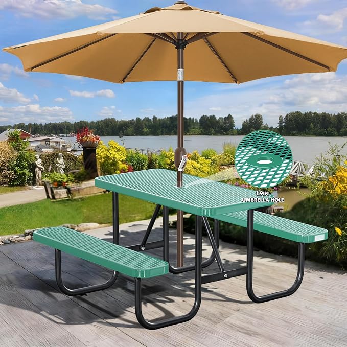 4FT/48IN Heavy Duty Outdoor Picnic Table and 2 Benches for 2-6 People, Weather Resistant Rectangular Steel Picnic Table Set with Umbrella Hole for Yard Patio Lawn Party Green