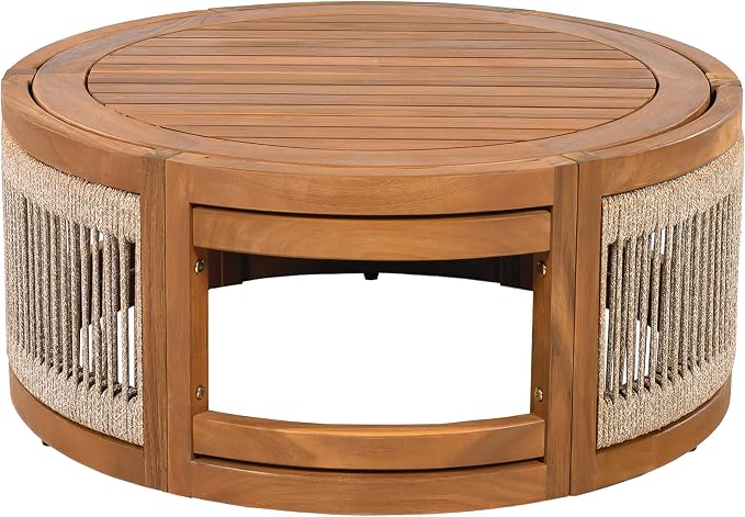 IRONORA Natural Acacia Wood Round Patio Coffee Table, Woven Rope Panel Drum Accent Cocktail Table, Slatted Top Outdoor Center Table for Backyard Balcony Living Room Coastal Farmhouse Decor