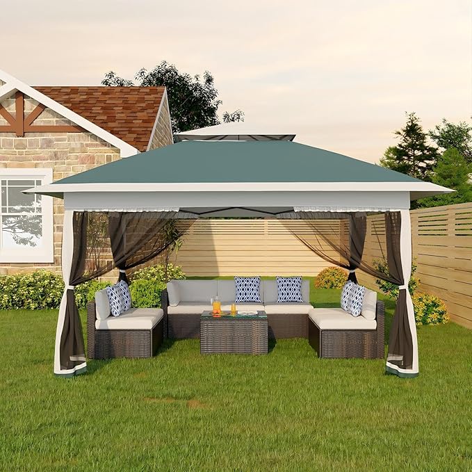Garvee 12x12FT Pop Up Gazebo with Mosquito Netting, Outdoor Canopy Tent Easy Setup for Backyard Patio Garden Deck, Green