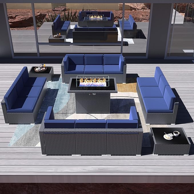 15 Pieces Patio Furniture Set with 44" Propane Gas Fire Pit Table, Outdoor Sectional Wicker Conversation Sofa Sets with Coffee Table