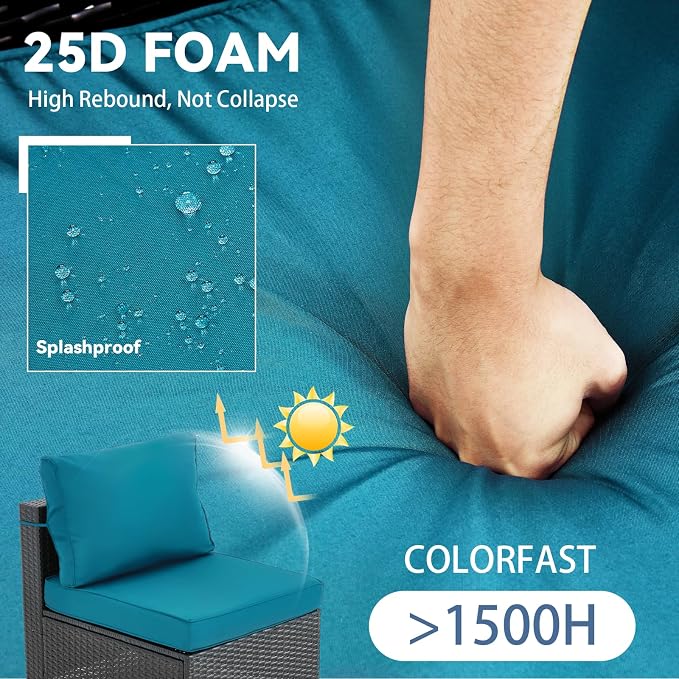 7 Pieces Outdoor Sectional Furniture Set, Wicker Patio Furniture Set with Table, Patio Conversation Sets with Washable Cushions for Garden (Peacock Blue, 106x55x26'')