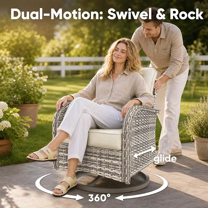 11-Piece Small Patio Furniture Set, Outdoor Swivel Rocking Chairs Set with Ottomans, Patio Bistro Set for Balcony, Deck, Porch,Ivory