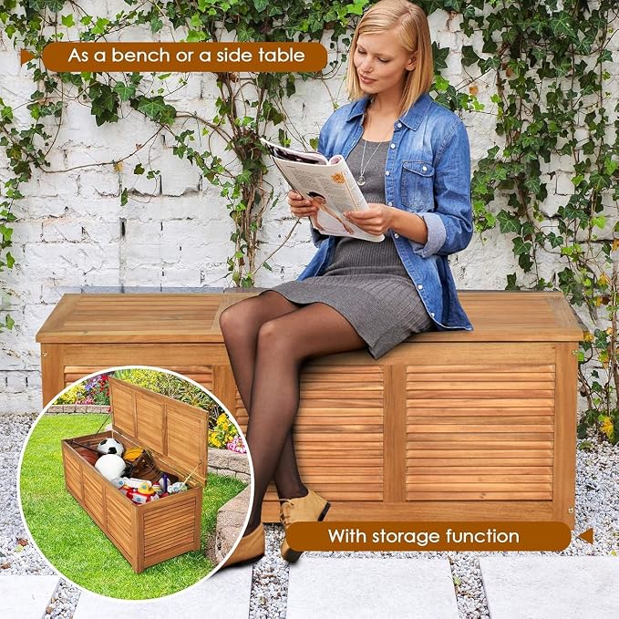 Byroce 46 Gallon Acacia Wood Deck Box, Outdoor Storage Bench for Patio | FSC acacia wood, teak oil finish, 46 gallon, 355 lbs, shutter front, metal hinges, ventilated slat sides, for patio garden