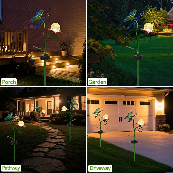 Solar Butterfly Garden Lights-Solar Powered Outdoor Decorative Lights with Metal Stakes & Butterfly Decor Waterproof Crackle Glass Globe Led Landscape Lighting for Garden Pathway Lawn Yard (1PC)