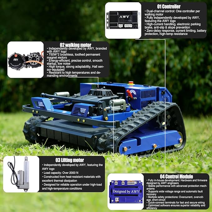 AIWEIYA-Remote Control Lawn Mower,Oil-Electric Hybrid Crawler Track Mower,3-15CM Cutting Height Professional Landscape and Estate Mower for 100% Slope(45°) Large Turf Grass Cutting