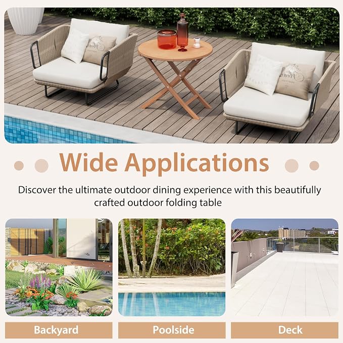 Giantex 31.5” Outdoor Folding Table, Indonesian Teak Patio Dining Table with Natural Appearance, Space-Saving Design, Outside Round Wood Dining Table for Deck, Backyard, Poolside