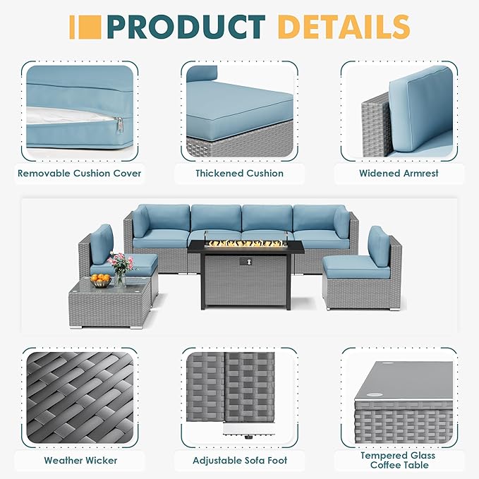 8 Pieces Outdoor Patio Furniture Set with 45” Propane Gas Firepit Table, Grey Wicker Patio Sectional Sofa Set, Outdoor Couch with Cushion and Tempered Glass Table, Sky Blue