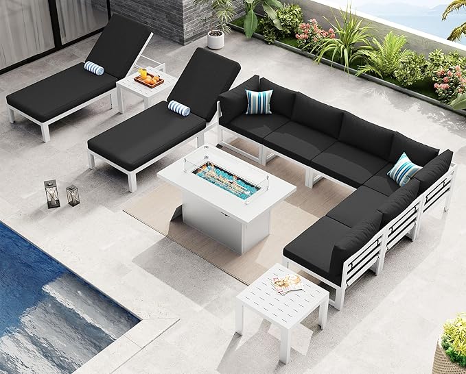 NICESOUL 11 Pcs Oversized Modern Aluminum Patio Furniture Set, All Weather Modular Sectional Sofa with Lounger & Fireplace, 500 lbs Heavy Duty Comfortable Outdoor Couch for Poolside Backyard, Black