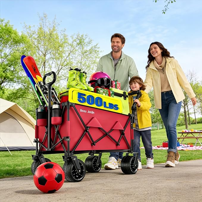 BEAU JARDIN Folding Push & Pull Beach Wagon 500 lbs Collapsible Foldable Wagons with Push Handle All Terrain Wheels Grocery Utility Camping Skiing Ice Fishing Sports Garden Wagon Cart Red