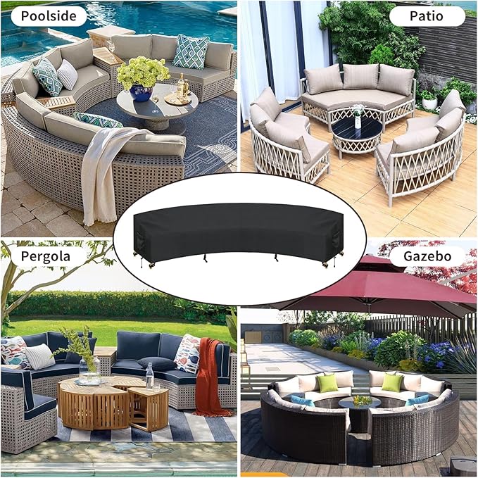 PureFit Outdoor Sectional Sofa Cover Waterproof Curved Patio Furniture Covers for Deck, Lawn and Backyard, 190Lx36Dx39Hx128FL, Black