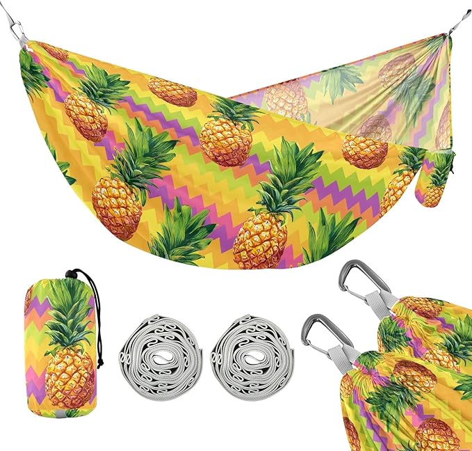 Camping Hammock Outdoor Hammocks for Outside Yellow Pineapple Stripe Beach Trees Portable Lightweight with Pockets Tree Straps Indoor Small