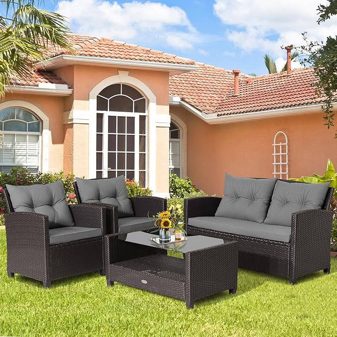 Tangkula 8-Piece Outdoor Rattan Furniture Set, PE Rattan Wicker Sectional Sofa with Loveseat Chair & Glass Table, Patio Cushioned Conversation Sets for Backyard Porch Garden Poolside (2, Gray)