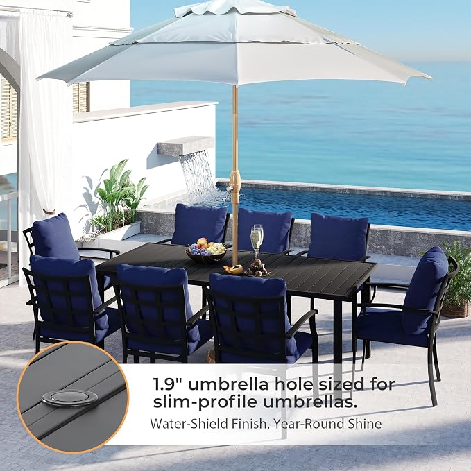 HAPPATIO 9-Piece Patio Dining Set, Outdoor Dining Set with Powder-Coated Metal,Dining Table with Umbrella Hole, 8 Stackable Chairs with Removable Cushions for Porch Poolside Garden,Navy Blue