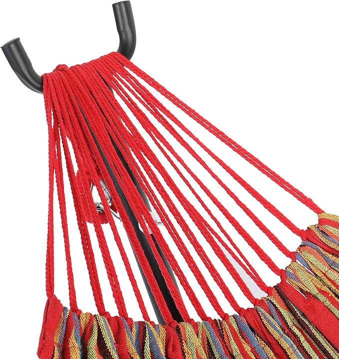 Cotton Hammock with Space Saving Steel Stand,9ft Black Steel Pipe Hammock Frame with 200 * 150cm Polyester Cotton Hammock Iron Hammock Set (Red Stripe B)