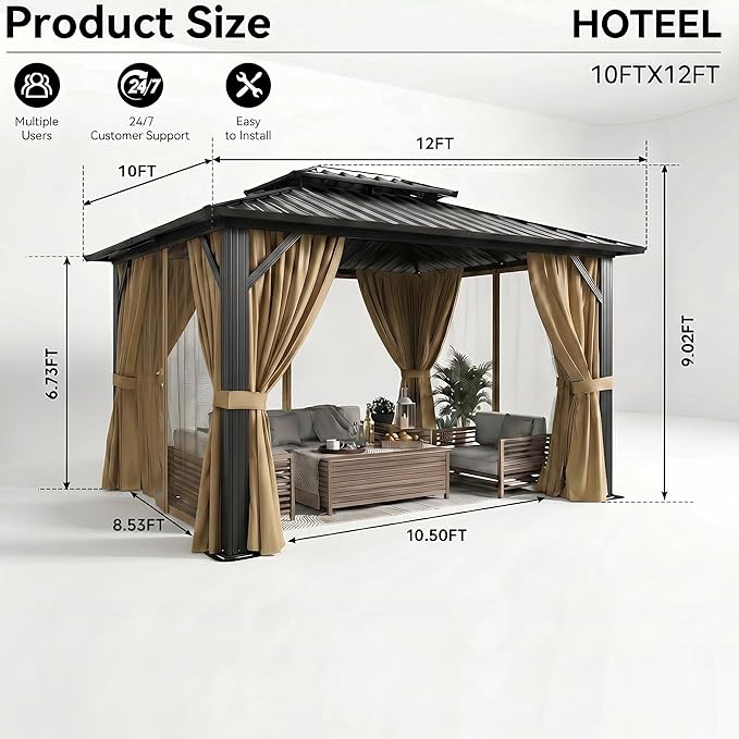 HOTEEL 10x12 Hardtop Gazebo Hot Tub Gazebo with Flame-Retardant Curtain Netting, Heavy Duty Pavilion with Galvanized Steel Double Roof, Aluminum Frame Outdoor Canopy for Patio, Party