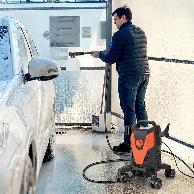 COSTWAY Electric Pressure Washer with 4 Universal Wheels, 2400 PSI High Pressure Cleaner Machine with 4 Nozzles and Soap Bottle, 1.7 GPM Portable Washer for Car, 3 Self-Priming Ways (Orange+Black)