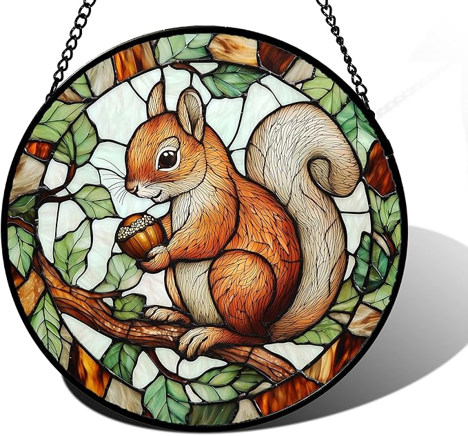 DASTOLL Stained Glass Window Hanging, Squirrel on a Branch Suncatcher Diamond Glass Panel Animal Sun Catchers Decor for Birthday for Women, Men, Wife, Aunt, and Mom 7.8 in