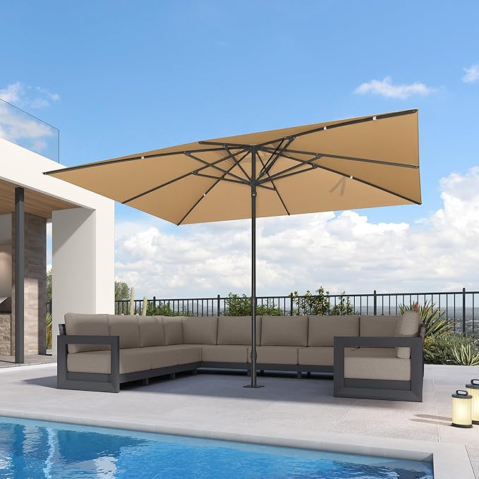 PURPLE LEAF 12' x 9' Rectangular Semi-Auto Outdoor Patio Umbrella Aluminium Market Umbrella Table Sun Umbrella with 1.89" Rod and 8 Sturdy Ribs for Deck Lawn Pool Garden, Beige