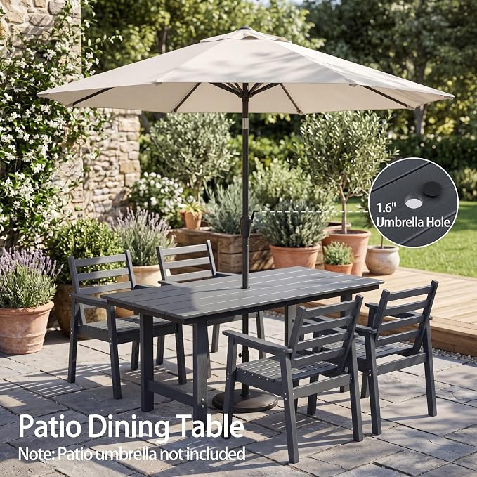 10-Piece Outdoor Dining Set, All-Weather HDPE Patio Furniture, Two 66.5" Slatted Table with 1.6" Umbrella Hole & 8 Ergonomic Armchairs, Heavy Duty 350lbs Capacity, UV Resistant, Gray